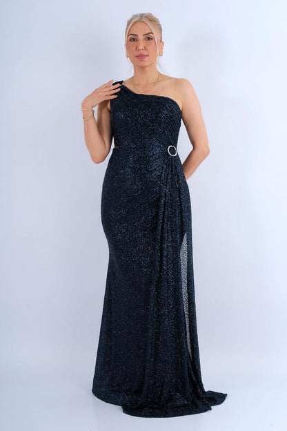 Robe longue col bénitier drapé brodé cristaux - vue face