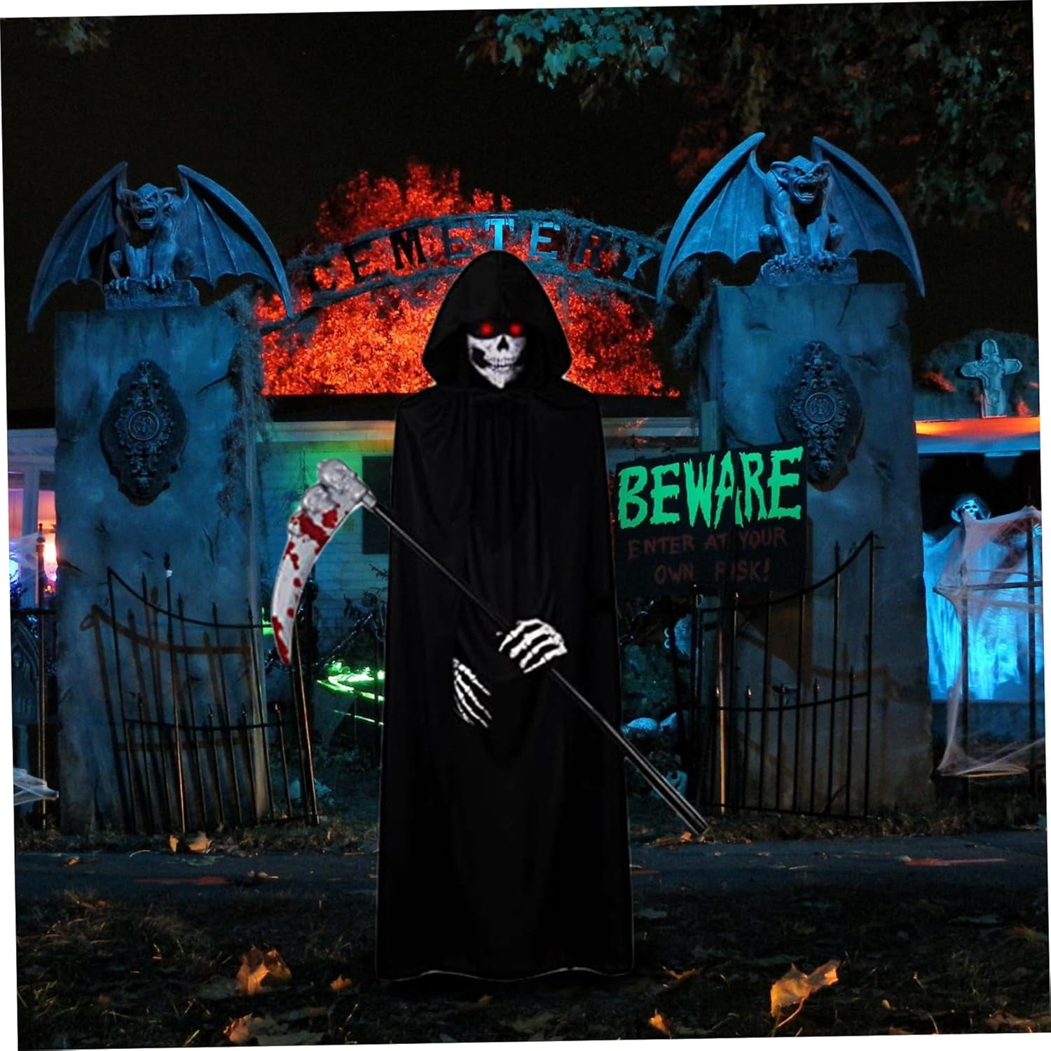 Scary Costumes,Grim Reaper Costume 5Pcs/Set for Kid-Small Glowing Eyes Cosplay Outfits for Kids Black Scary Halloween