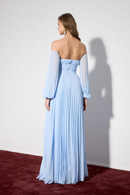 Robe longue de soirée plissée bleu ciel - vue arrière