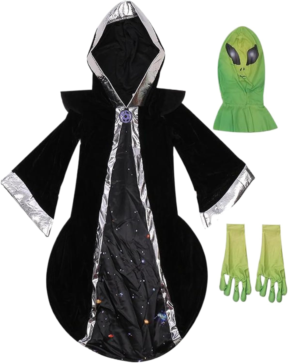 Alien Costume Kids Halloween Outfit - Hooded Robe, Mask, M Size