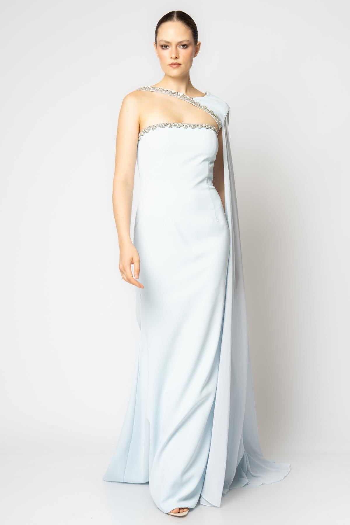 Robe midi crayon col châle crème broche dorée - vue avant