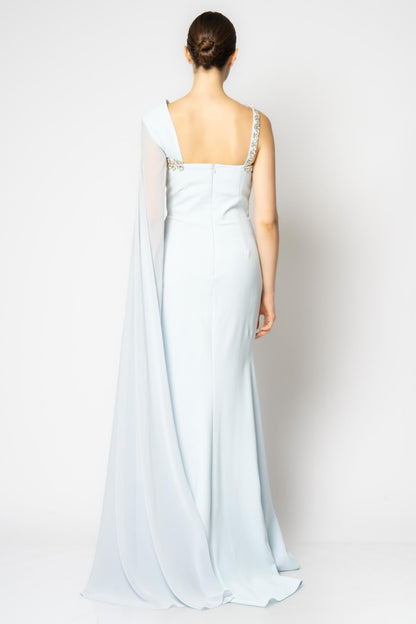Robe midi crayon col châle crème broche dorée - vue arrière