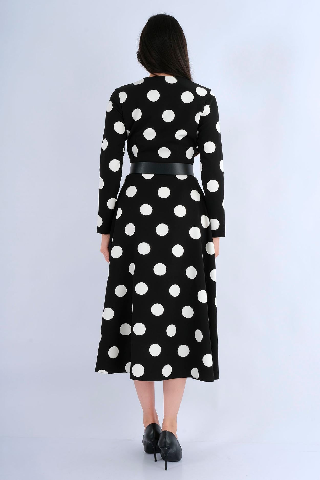 Robe midi chemisier micro-pois noire ceinturée - vue avant