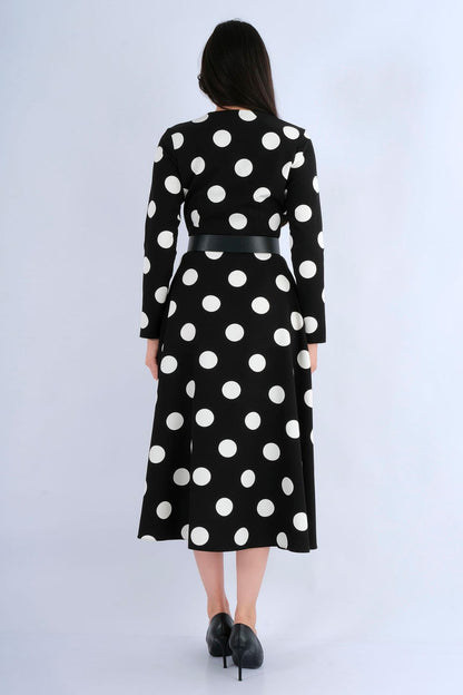 Robe midi chemisier micro-pois noire ceinturée - vue avant