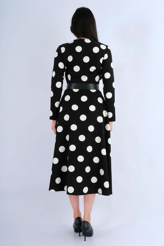 Robe midi chemisier micro-pois noire ceinturée - vue avant