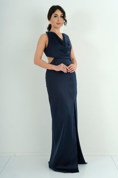 Robe longue satinée décolleté asymétrique - vue avant