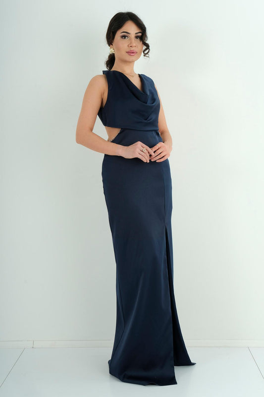 Robe longue satinée décolleté asymétrique - vue avant