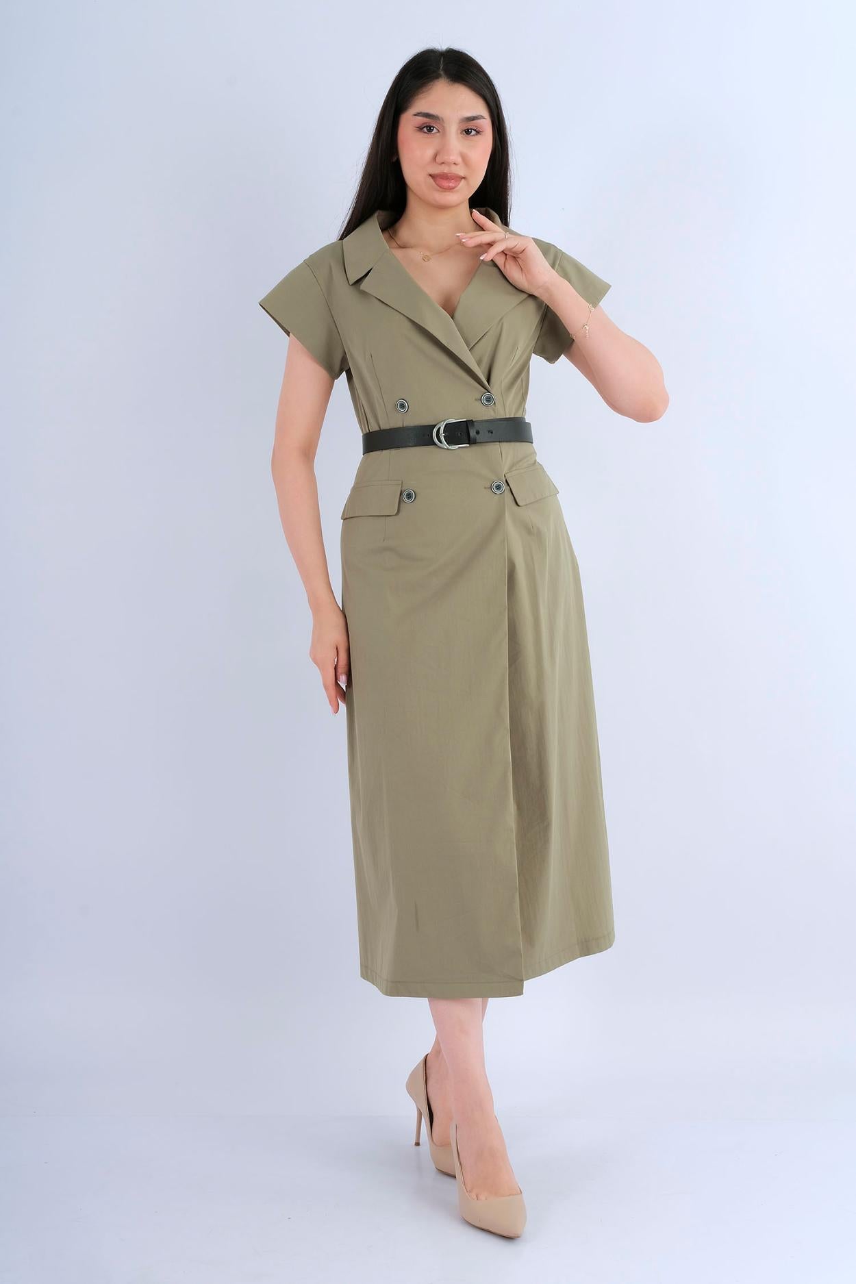 Robe midi carreaux noir crème ceinture camel - vue avant