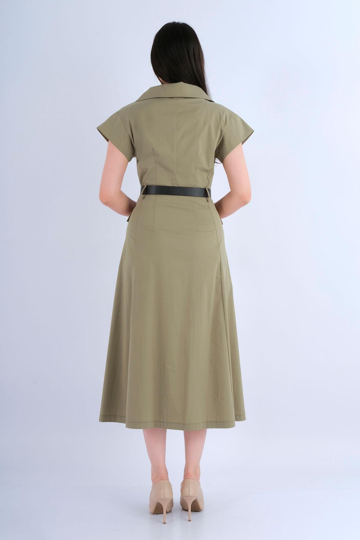 Robe midi carreaux noir crème ceinture camel - vue arrière