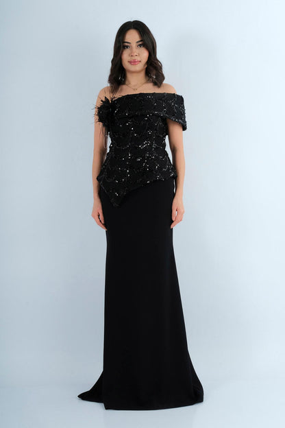 Robe longue de soirée bustier brodé sequins et plumes - coloris noir - vue avant