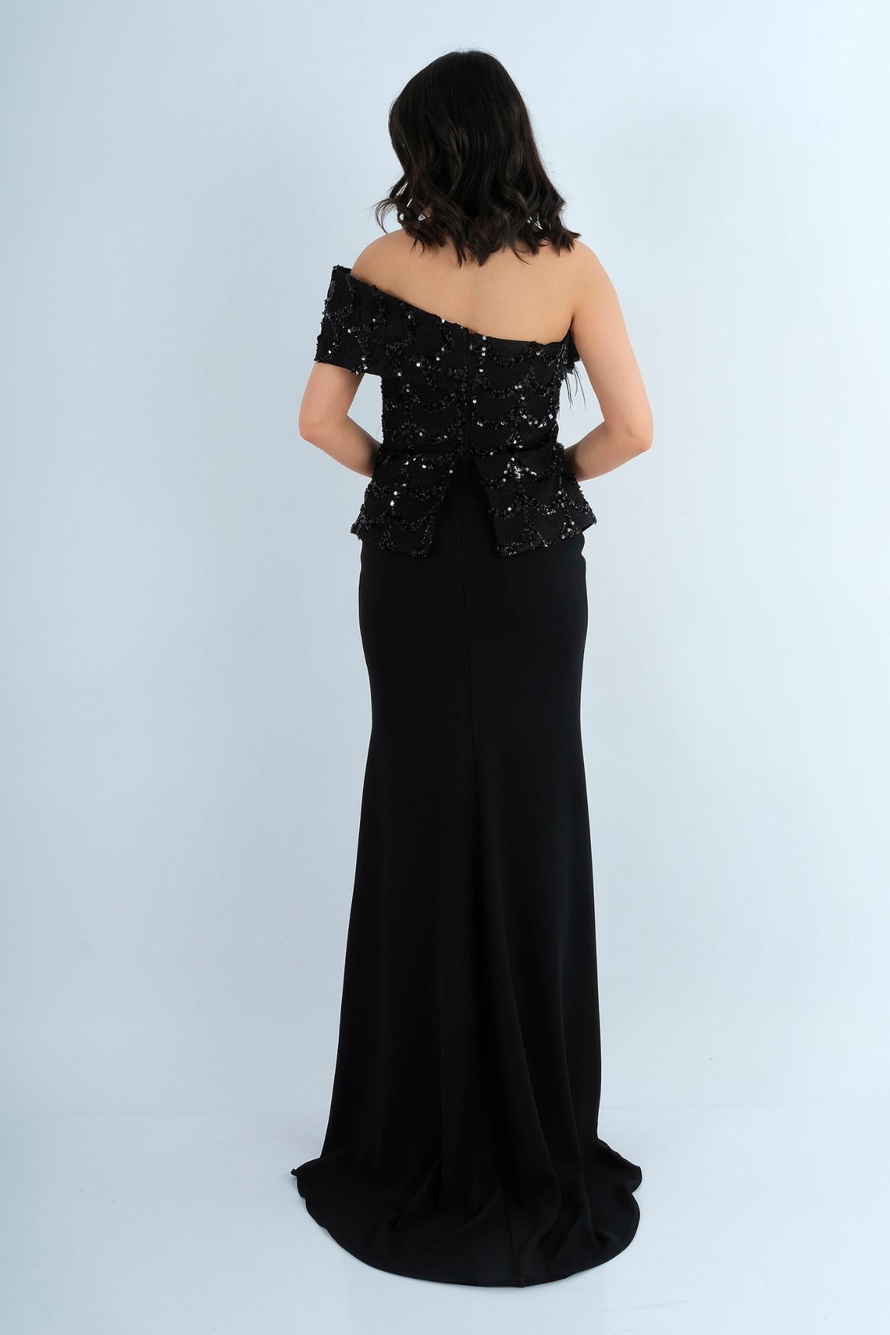 Robe longue de soirée bustier brodé sequins et plumes - coloris noir - vue arrière