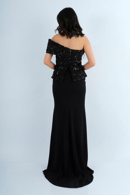 Robe longue de soirée bustier brodé sequins et plumes - coloris noir - vue arrière