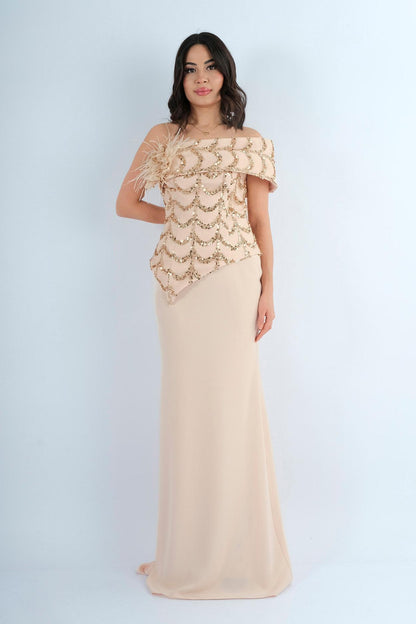 Robe longue de soirée bustier brodé sequins et plumes - coloris or/champagne - vue avant