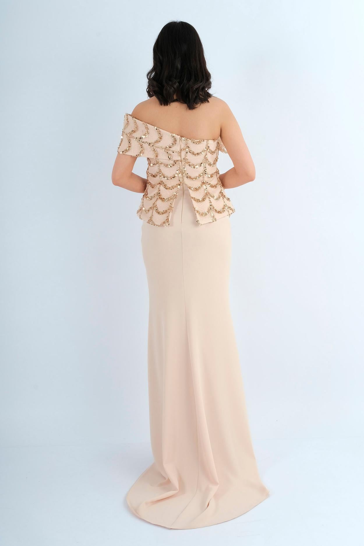 Robe longue de soirée bustier brodé sequins et plumes - coloris or/champagne - vue arrière