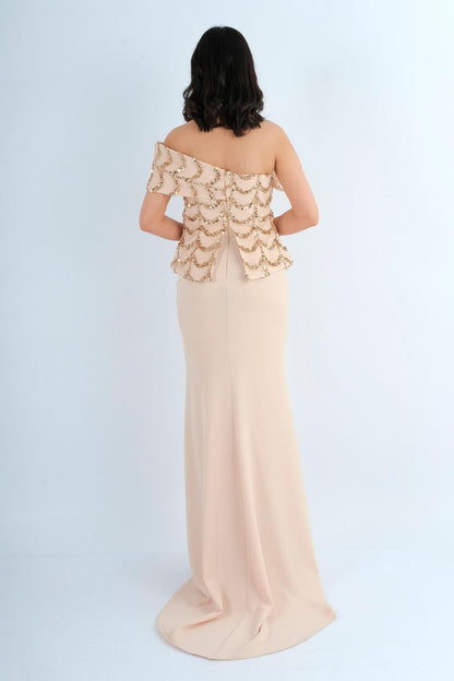 Robe longue de soirée bustier brodé sequins et plumes - coloris or/champagne - vue arrière