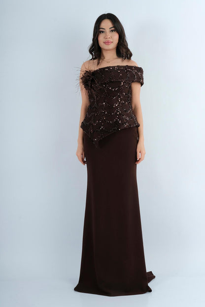 Robe Longue de Soirée Bustier Brodé à Plumes