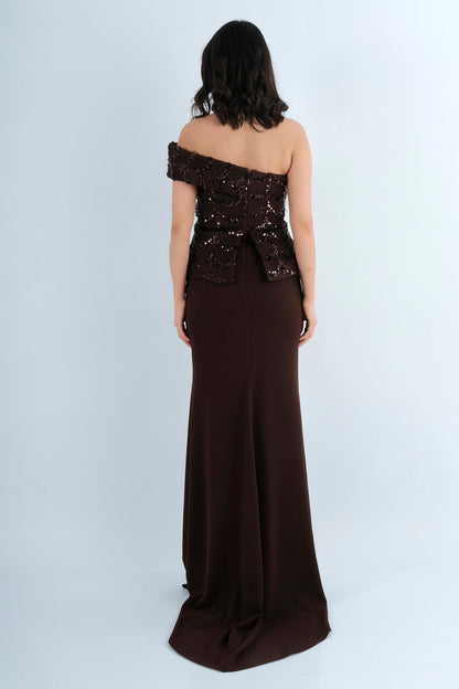 Robe Longue de Soirée Bustier Brodé à Plumes