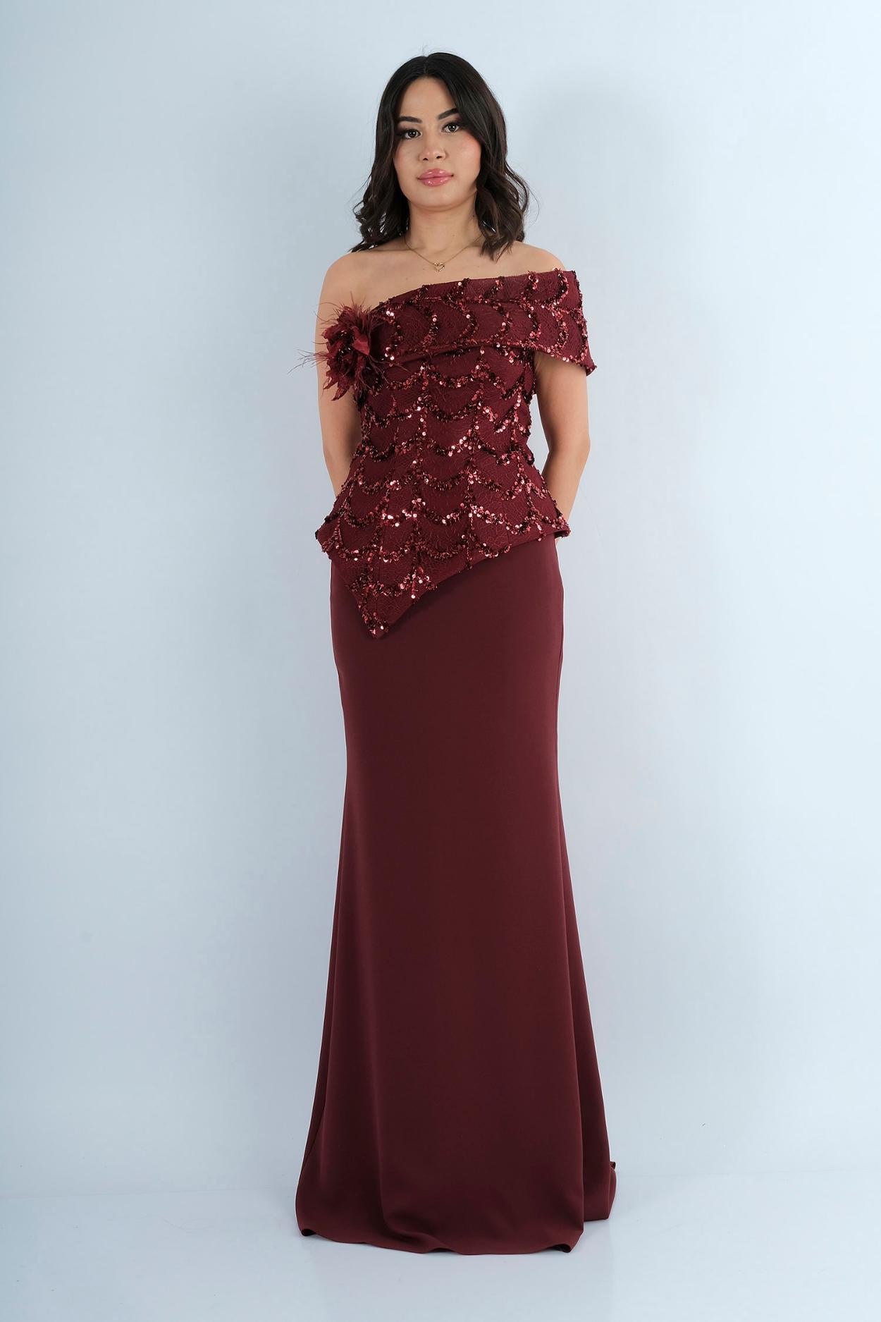 Robe Longue de Soirée Bustier Brodé à Plumes
