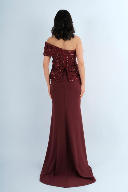 Robe Longue de Soirée Bustier Brodé à Plumes