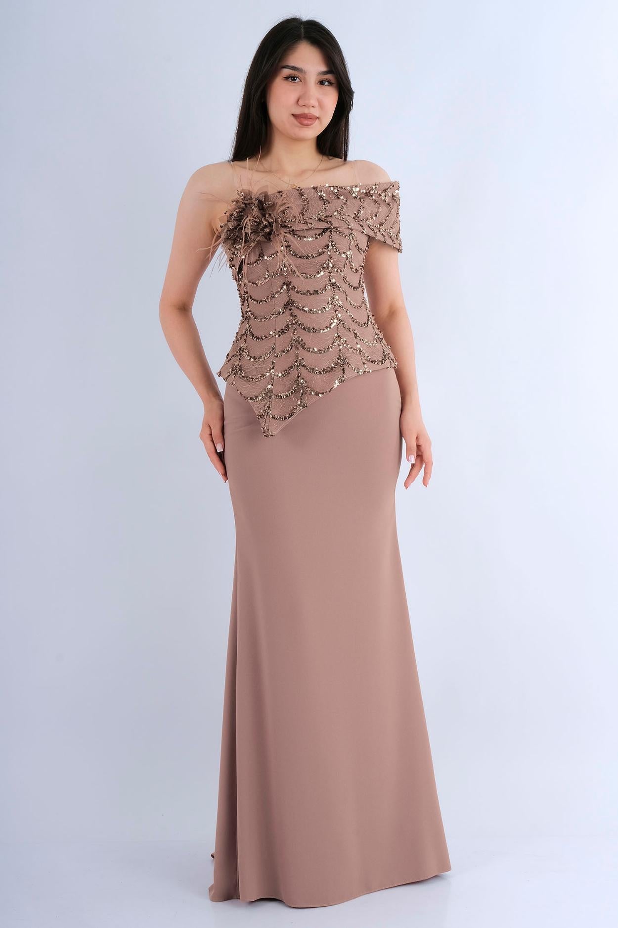 Robe Longue de Soirée Bustier Brodé à Plumes