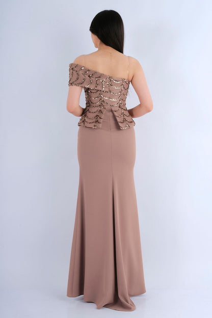 Robe Longue de Soirée Bustier Brodé à Plumes