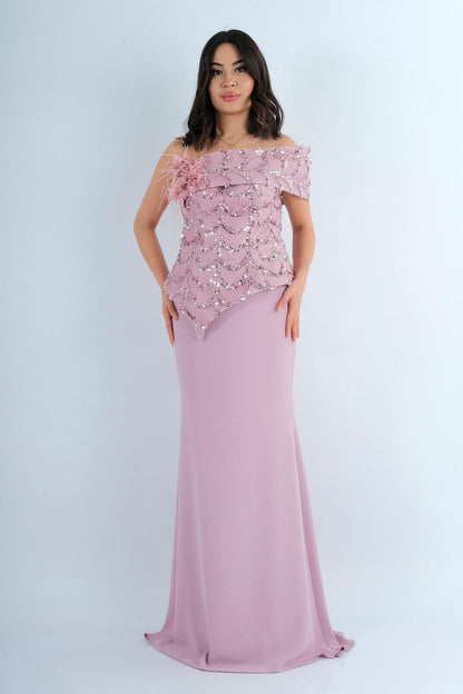 Robe Longue de Soirée Bustier Brodé à Plumes