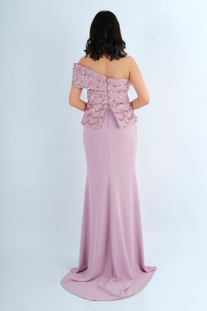 Robe Longue de Soirée Bustier Brodé à Plumes