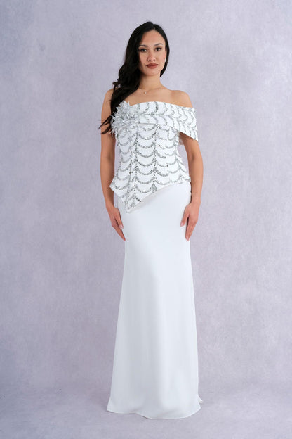 Robe Longue de Soirée Bustier Brodé à Plumes