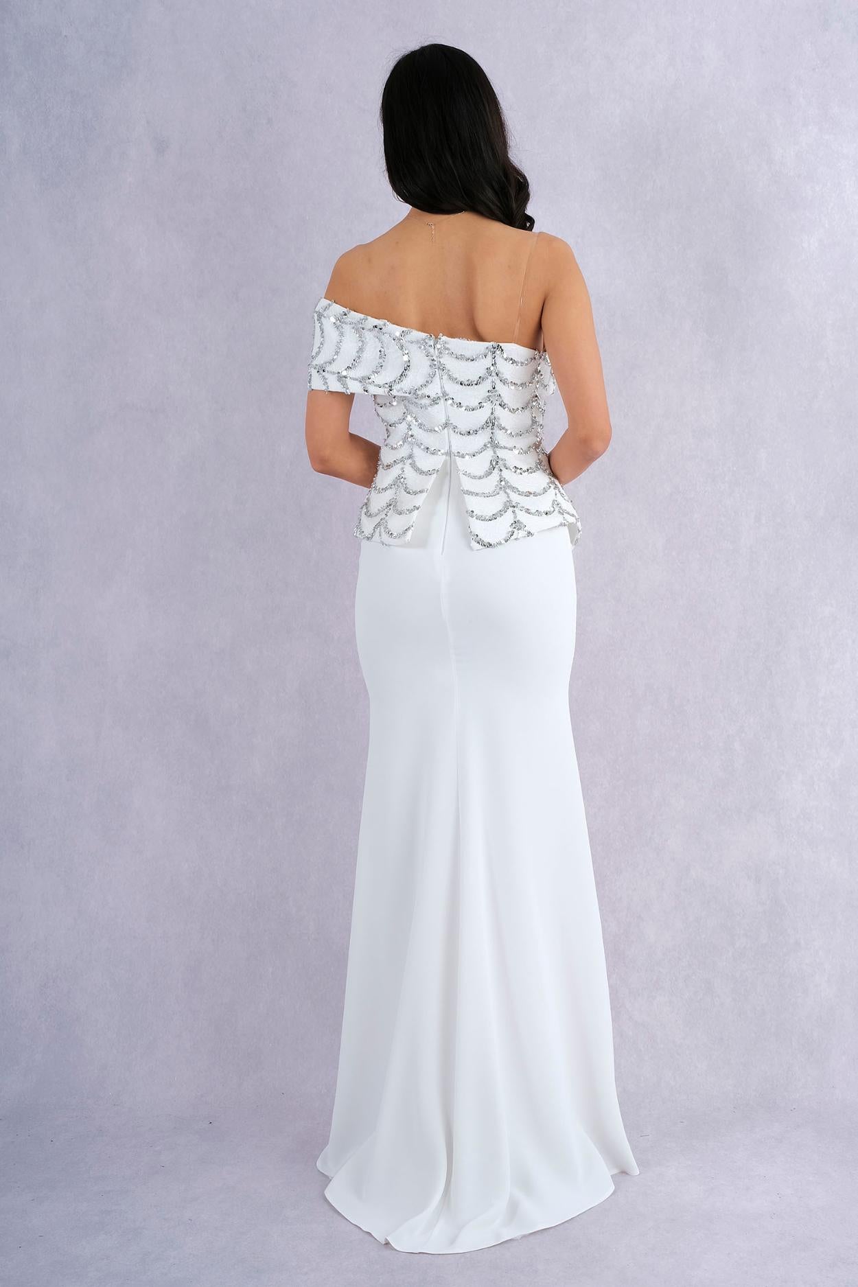 Robe Longue de Soirée Bustier Brodé à Plumes