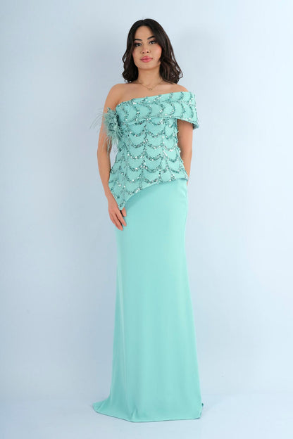 Robe Longue de Soirée Bustier Brodé à Plumes