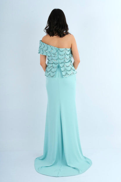 Robe Longue de Soirée Bustier Brodé à Plumes