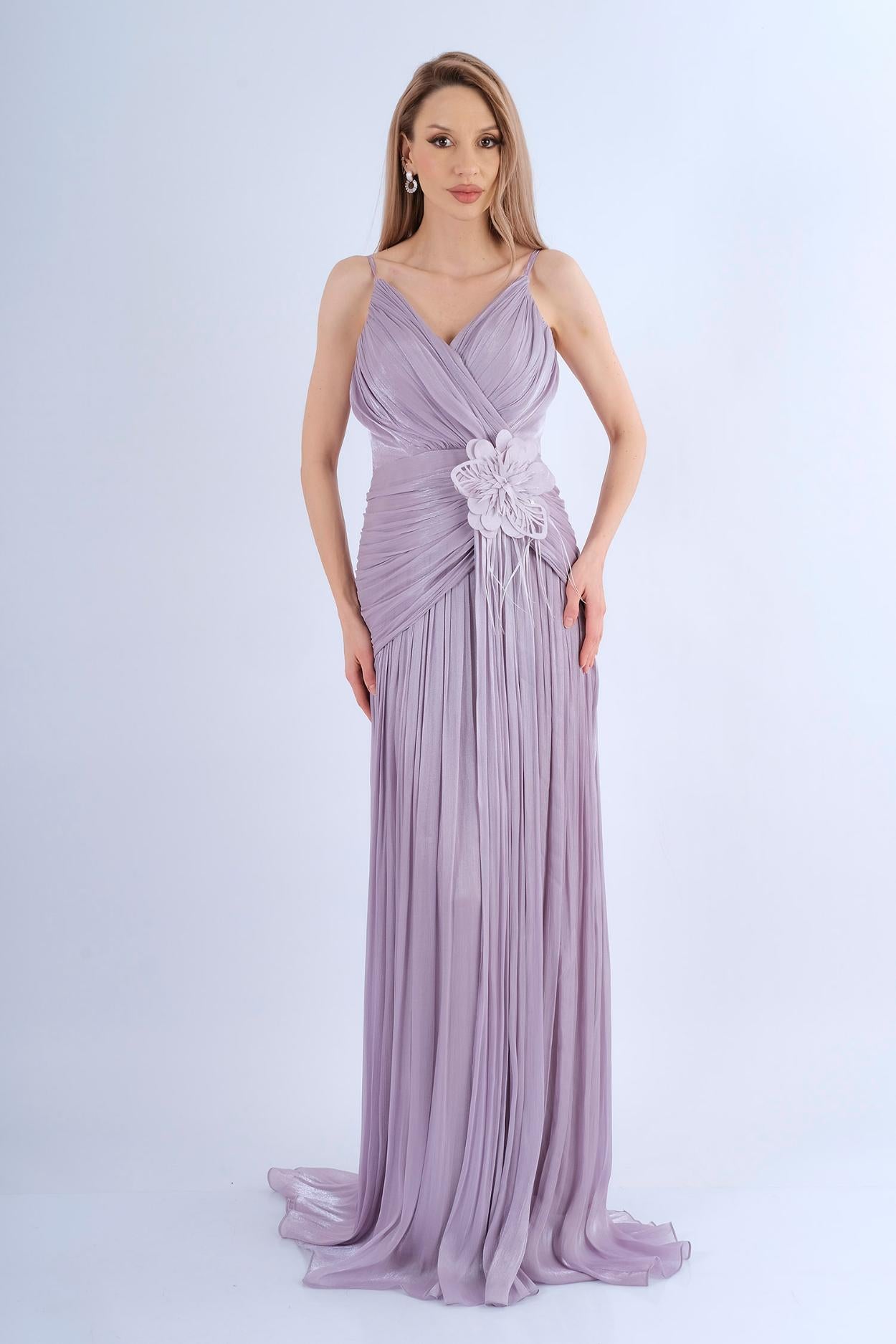 Robe longue bretelles fines col V croisé fleur jupe plissée - vue face