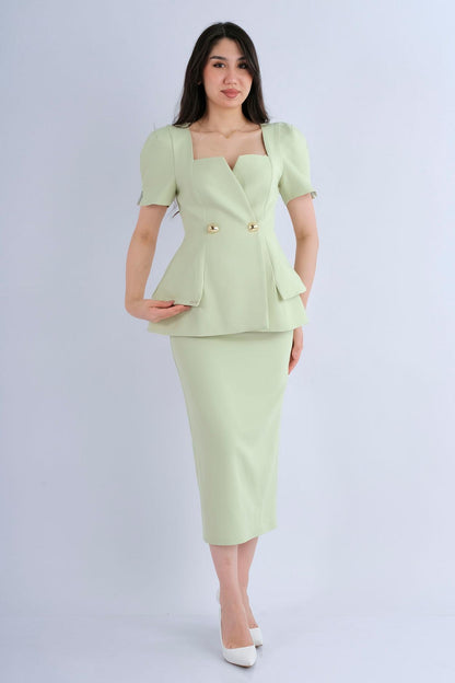 Robe midi beige col montant boutons dorés - vue face