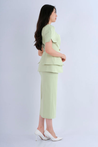 Robe midi beige col montant boutons dorés - vue dos