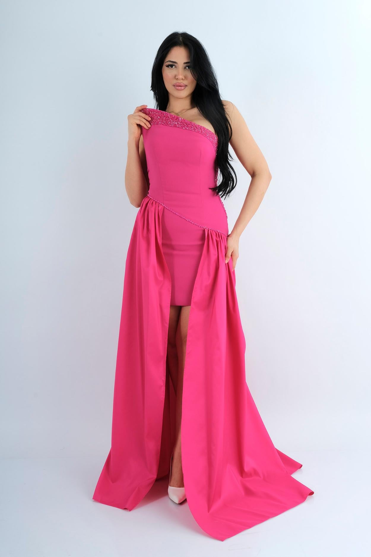 Robe midi verte col montant boutons dorés - vue face