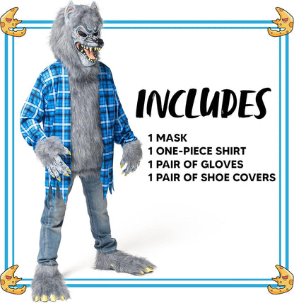 Boy Howling Werewolf Deluxe Costume with Mask, Werewolf Claws Gloves, Boot Covers, Wolf Costume Kids