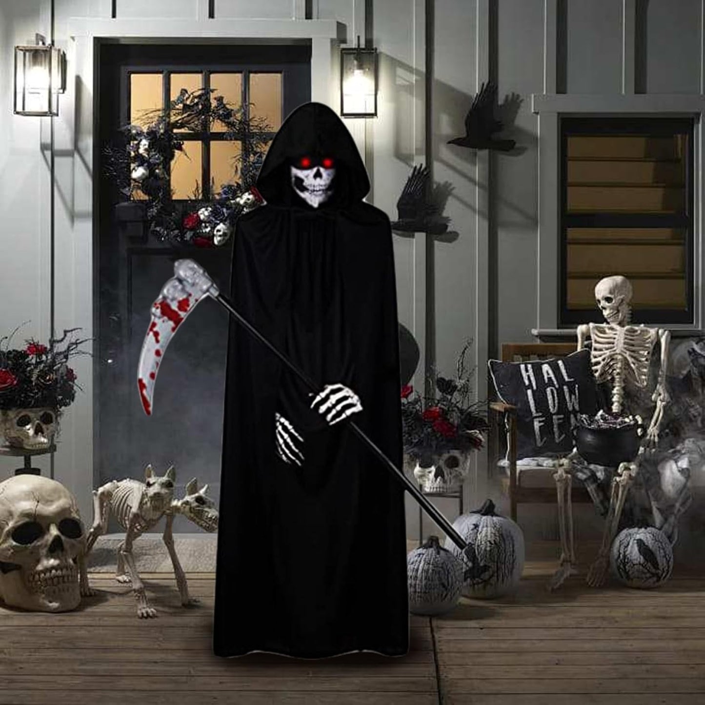 Scary Costumes,Grim Reaper Costume 5Pcs/Set for Kid-Small Glowing Eyes Cosplay Outfits for Kids Black Scary Halloween