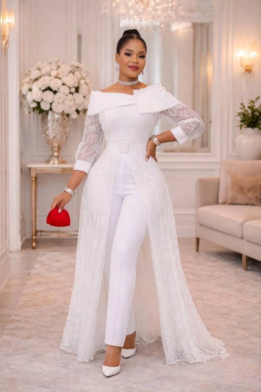 Combinaison Pantalon Cape Traîne Dentelle - Blanc