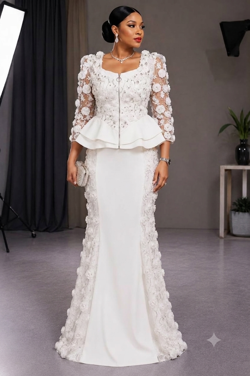 Ensemble Veste Peplum Fleurs 3D Jupe Sirène - Blanc