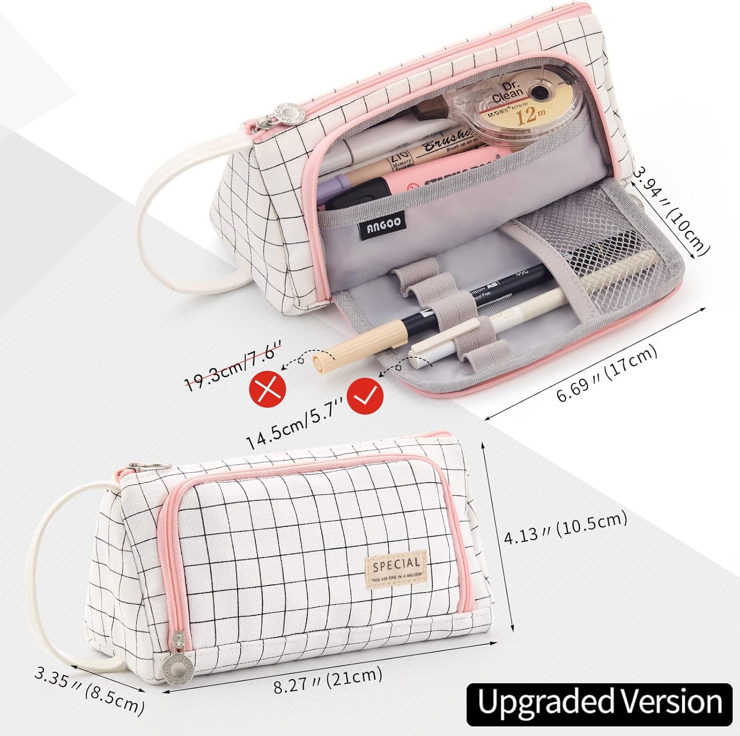 Big Capacity Pencil Case Pouch Pen Case Simple Stationery Bag School College Office Organizer for Teens Girls Adults Student, Plaid White, 8.4 X 4.5 X 1.4 Inches, Simple,Travel