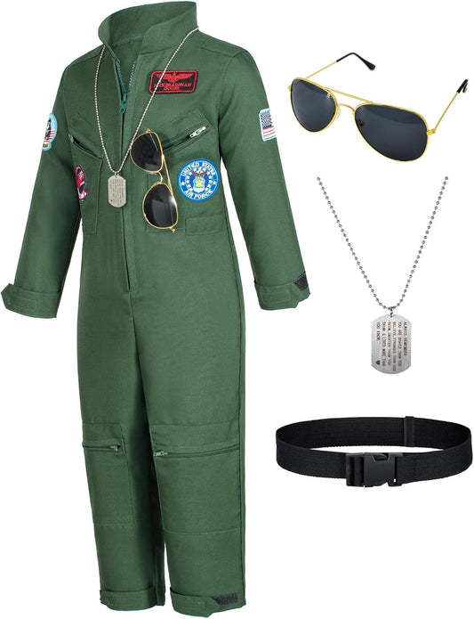 Kids Fighter Pilot Costume - Air Force Flight Suit Roleplay Dress up with Aviator Accessories for Girls Boys