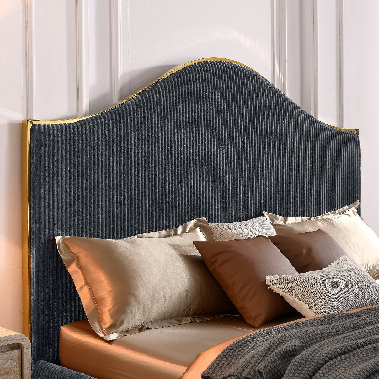 Corduroy Upholstered Bed Frame King Size 59.5" Tall  Headboard Queen Bed Frame Metal Decoration /No Box Spring Needed - MDIACI