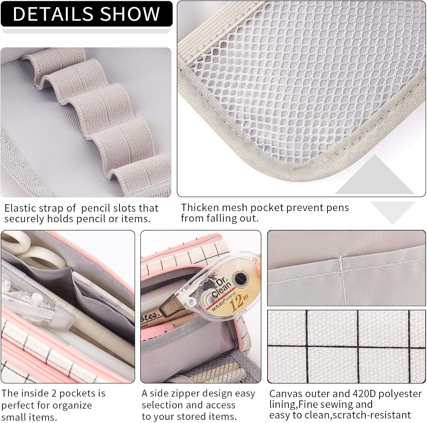 Big Capacity Pencil Case Pouch Pen Case Simple Stationery Bag School College Office Organizer for Teens Girls Adults Student, Plaid White, 8.4 X 4.5 X 1.4 Inches, Simple,Travel