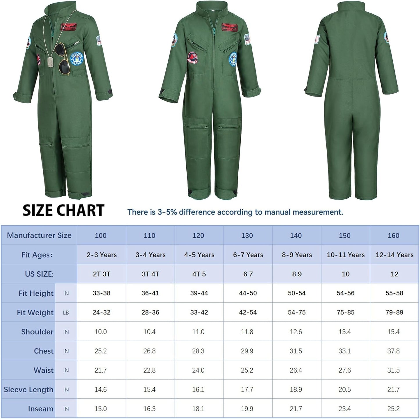Kids Fighter Pilot Costume - Air Force Flight Suit Roleplay Dress up with Aviator Accessories for Girls Boys