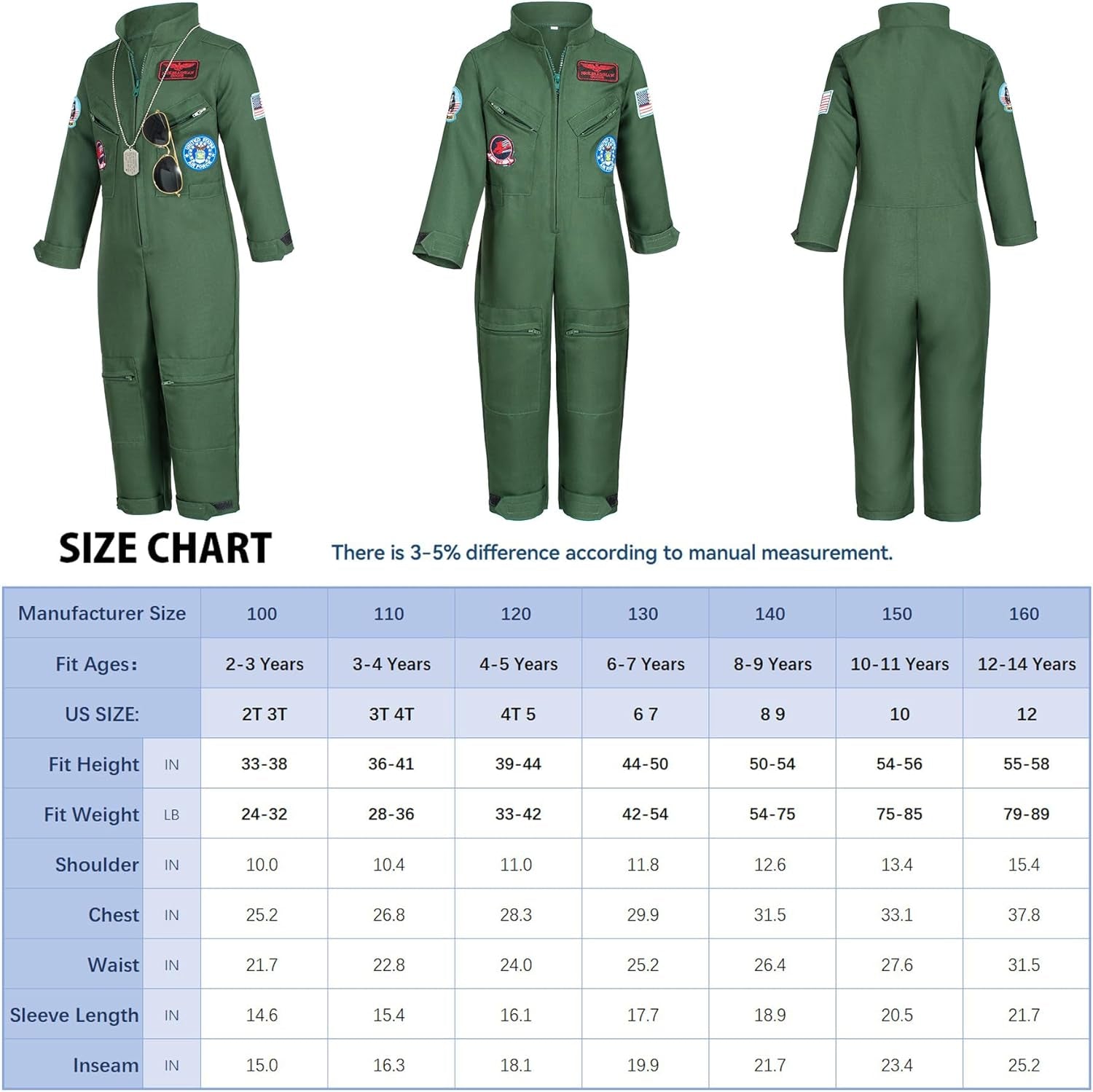 Kids Fighter Pilot Costume - Air Force Flight Suit Roleplay Dress up with Aviator Accessories for Girls Boys