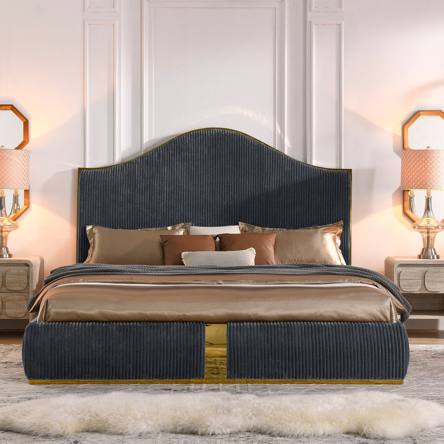 Corduroy Upholstered Bed Frame King Size 59.5" Tall  Headboard Queen Bed Frame Metal Decoration /No Box Spring Needed - MDIACI