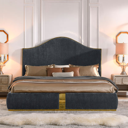 Corduroy Upholstered Bed Frame King Size 59.5" Tall  Headboard Queen Bed Frame Metal Decoration /No Box Spring Needed - MDIACI