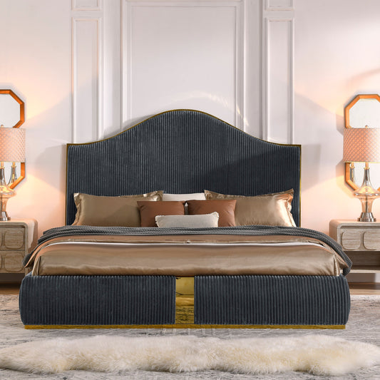 Corduroy Upholstered Bed Frame King Size 59.5" Tall  Headboard Queen Bed Frame Metal Decoration /No Box Spring Needed - MDIACI