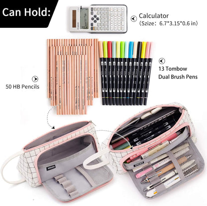 Big Capacity Pencil Case Pouch Pen Case Simple Stationery Bag School College Office Organizer for Teens Girls Adults Student, Plaid White, 8.4 X 4.5 X 1.4 Inches, Simple,Travel