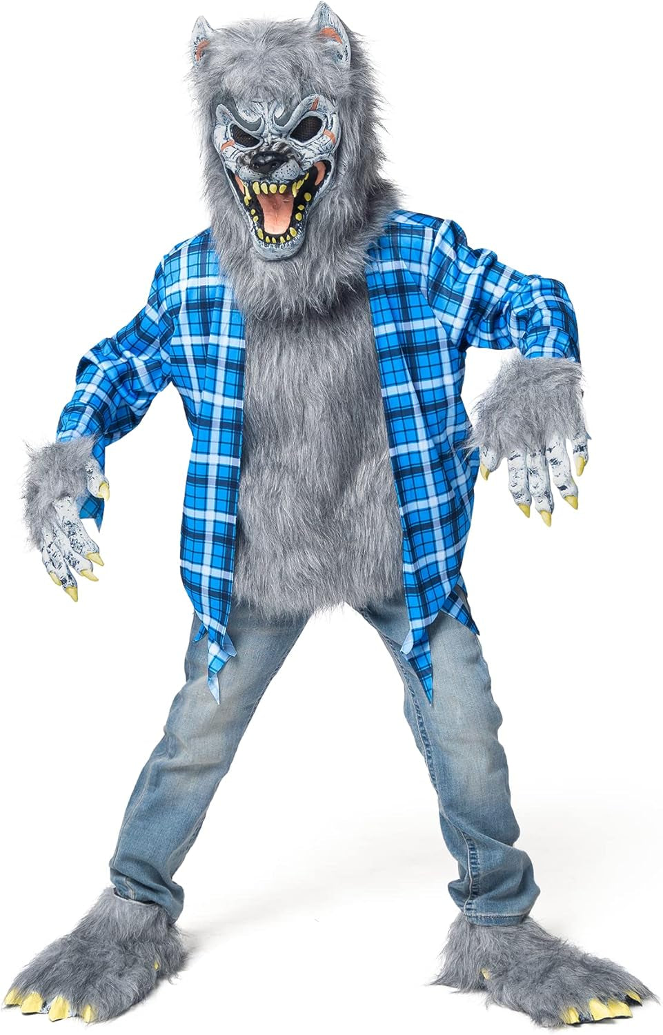 Boy Howling Werewolf Deluxe Costume with Mask, Werewolf Claws Gloves, Boot Covers, Wolf Costume Kids